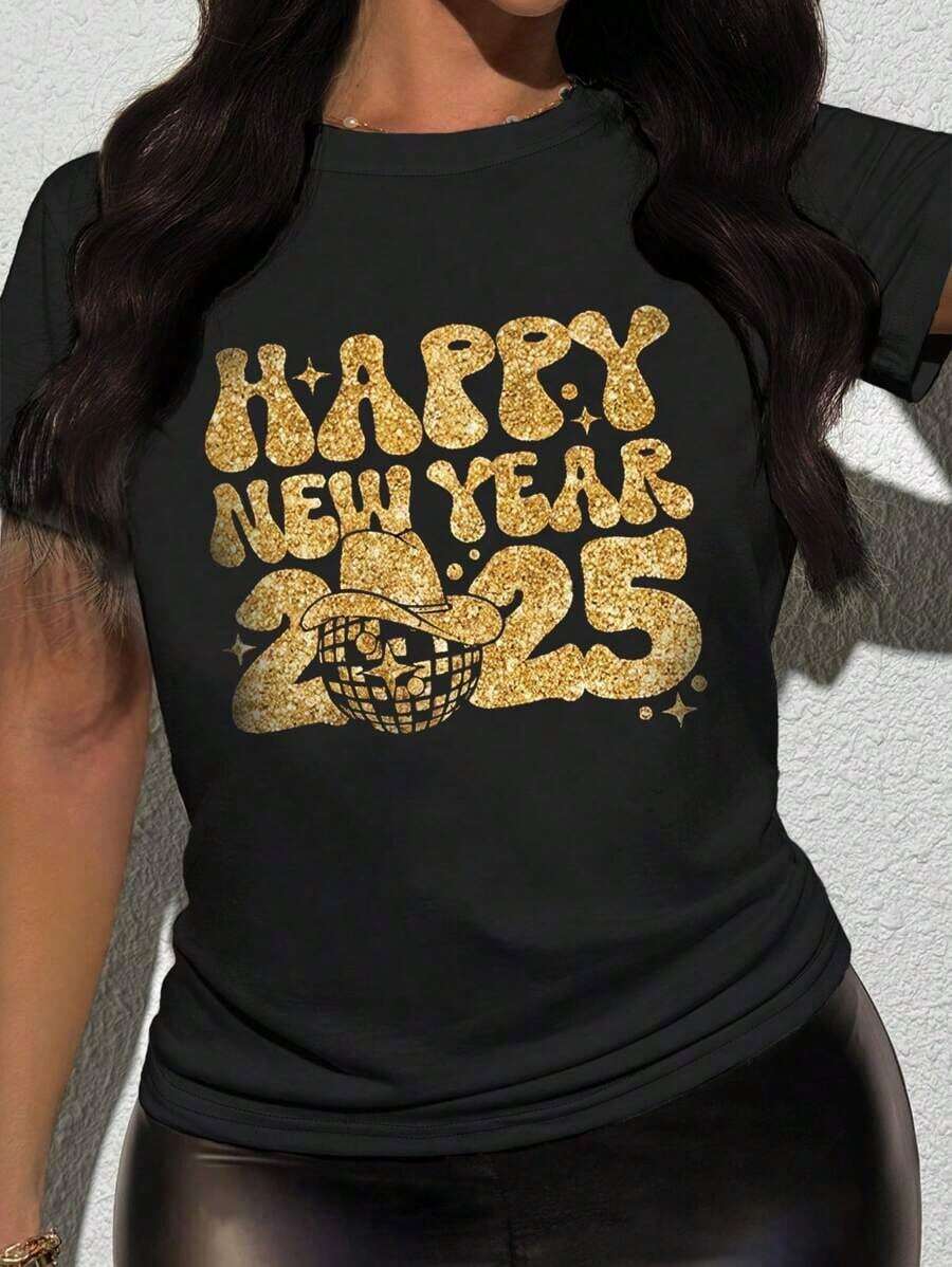 Top mujerMinimalist Casual Shirt Camiseta ajustada con texto de lentejuelas para mujer, camiseta gráfica casual de Año Nuevo para mujeresTendencia 2026 - Negro - Ver 1