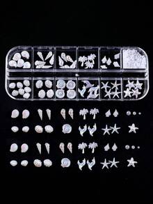 12件裝美人魚白色海洋貝殼海星珍珠海螺全息極光美甲飾品 樹脂美甲DIY裝飾配件 - 彩色 - 查看 3