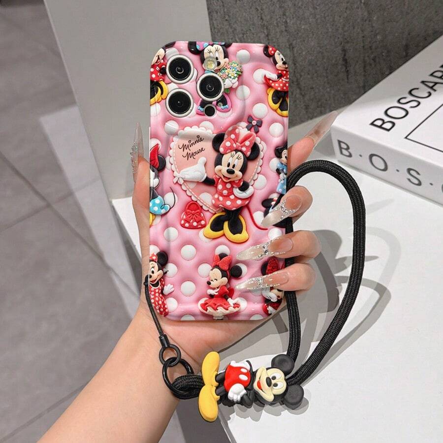 Disney Minnie Mouse Phone Case With Minnie Charm And Lanyard - Cute Minnie Protective Case With Plush 3D Collage, Multiple Outfits, And Pink Polka Dot Background, Equipped With Delicate Mickey Decorative Lanyard And Beaded Bracelet For Easy Carrying, Compatible With IPhone 17, 16, 15, 14, 13, 12, 11 Pro Series, Ideal For Birthdays, Holidays, Anniversaries, Graduation Gifts, Or Any Special Occasion To Surprise Family, Friends, Classmates, And Loved Ones. - trắng - Xem 1