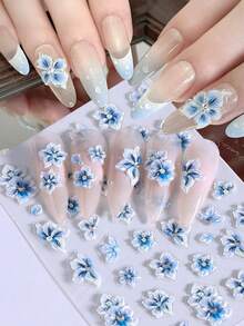 1件 5D水晶花卉美甲貼紙，自黏式浮雕花卉美甲貼花，鑲鑽中心，粉紫色藍色扶桑花夏季美甲裝飾，DIY美甲用品，美甲配件工具 - 彩色 - 查看 5