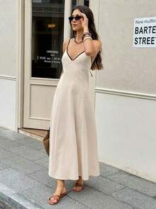 Vestido de tirantes casual de vacaciones con detalles en contraste para mujer - Albaricoque 2 - Ver 8