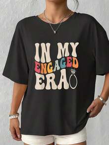 Women's Casual Short-Sleeve T-Shirt With Round Neck, "IN MY ENGAGED ERA" Letter Print, Color Block Design, Polyester Knit Fabric, All-Season Short-Sleeve Top, Casual Wear,  And Stylish Top. - 黑色 2 - 查看 3