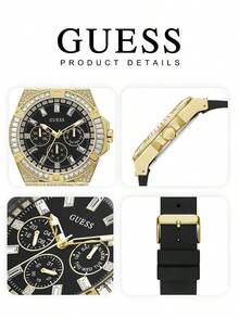 Guess Men's Quartz Watch Gold Tone Crystal Encrusted Multi Dial Wristwatch Black Silicone Strap Statement Dress Watch for Party Nightclub Festival Streetwear Dating Ideal Gift for Him on Birthday Anniversary Valentines Day Perfect for Bold Glamorous Style Enthusiasts - 黑色 - 查看 6