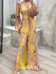 Long Pleated Dress With Long Sleeves, Casual Style For Autumn And Winter - Yellow - View 2