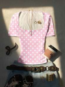 Camiseta de manga corta con cuello cuadrado, estilo minimalista y casual de verano, adecuada para uso diario, escuela y transporte.Simple y versátil, con estilo retro de los años 2000. - Multicolor 3 - Ver 7