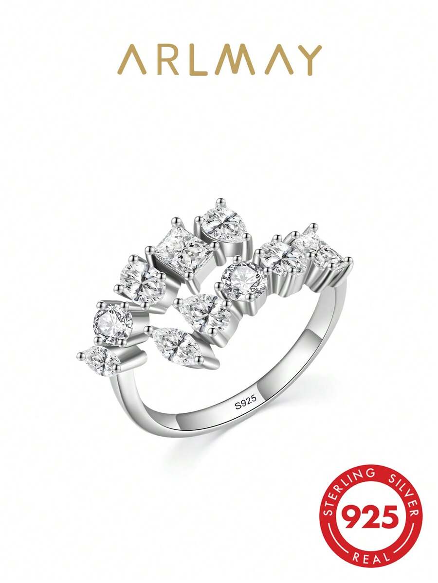 1 pieza Anillo abierto ajustable de lujo de plata de ley 925 incrustado con circonita sintética brillante, adecuado para uso en bodas y fiestas de mujeres - Plateado - Ver 1
