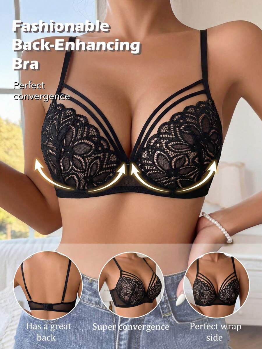 Women's Sexy Lace Push-Up Bra, Anti-Sagging - Black - View 1