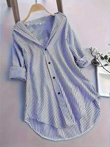 Camisa de mujer de solapa única con rayas y bajo irregular, blusas de manga larga - Azul - Ver 4
