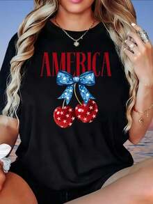 Camiseta con Estampado de Cerezas Americanas, Diseño Patriótico de Estrellas y Rayas, Camiseta Casual de Verano para Mujer, g - Negro - Ver 6