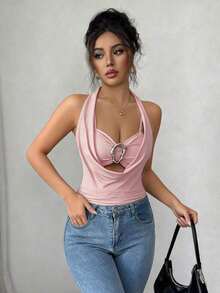 Camiseta de tirantes ajustada con cuello drapeado elegante de color negro, diseño fruncido y decoración metálica, para primavera/verano - Rosa - Ver 6