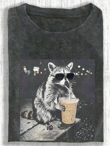 Camiseta de manga corta con estampado de gato interesante, top de diseño exclusivo y lindo, camiseta para mujer de talla grande, camiseta de algodón lavado, ropa casual de talla grande para mujer, tela con estampado de copos de nieve, top casual de cuello redondo cómodo de talla grande, camiseta vintage desgastada, ropa de mujer de talla grande, ropa de primavera/verano - Negro - Ver 5