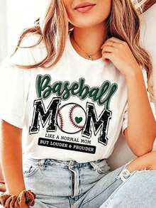 1 Piece Women's Green Baseball Graphic T-Shirt With Cute "Baseball Mama" Print, Round Neck, Short Sleeve, Comfortable Summer T-Shirt, Perfect For Mother's Day Gifts, Daily Wear And Sporting Events, Basic Top For Ladies, 180g 100% Cotton. - 白色 - 查看 7