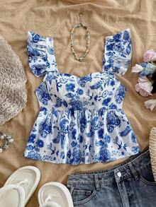 Blusa de corte de línea A con cuello cuadrado, manga corta y estampado retro azul y blanco, adecuada para fiestas, citas, el Día de San Valentín, el té de la tarde - Azul y blanco 2 - Ver 3