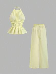 Conjunto de 2 piezas estilo francés relajado con camiseta sin mangas de cintura ceñida y pantalón ancho de pierna holgada, un conjunto de moda para mujeres - Amarillo - Ver 1
