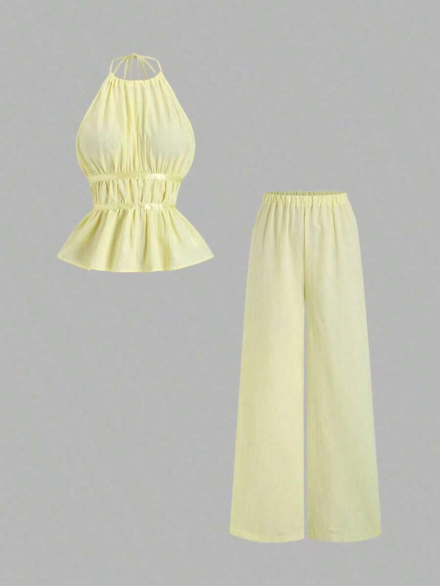 Conjunto de 2 piezas estilo francés relajado con camiseta sin mangas de cintura ceñida y pantalón ancho de pierna holgada, un conjunto de moda para mujeres - Amarillo - Ver 1