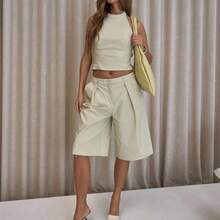 Pleated Straight Fit Tailored Longline Shorts Only Classy Sexy Streetwear Night Out Party Spring Elegant  Summer Casual Holiday - Caqui - Ver 2