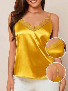 Top de satén azul con encaje elegante y contraste, versátil para usarlo solo en primavera/verano o en capas en otoño/invierno - Amarillo - Ver 7