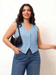 Chaleco negro ligero de talla grande, ropa de oficina para mujer, para silueta de manzana y redondeada, para el verano - Azul - Ver 5