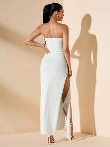 Vestido de dama de honor de boda de verano, vestido largo blanco con pliegues, abertura alta, volantes y tiras para fiesta, sin mangas y sin tirantes, sexy - Blanco - Ver 2