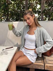 Women's Minimalist Collegiate Style Solid Color Round Neck Cardigan, Front Button Closure, Casual Versatile Long Sleeve, Soft Feminine Knit Sweater In Floral Gray, Comfortable - Grey - View 2