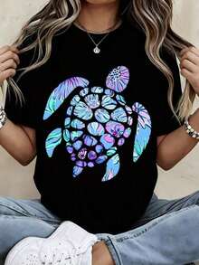 Camiseta de Cuello Redondo para Mujer, Estampado Floral de Tortuga Colorida, Manga Corta, Top Casual de Verano para Playa - Negro - Ver 1
