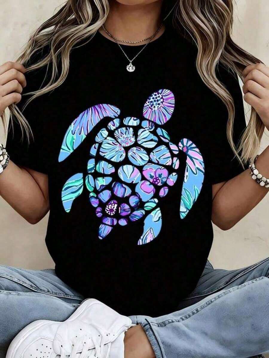 Camiseta de Cuello Redondo para Mujer, Estampado Floral de Tortuga Colorida, Manga Corta, Top Casual de Verano para Playa - Negro - Ver 1