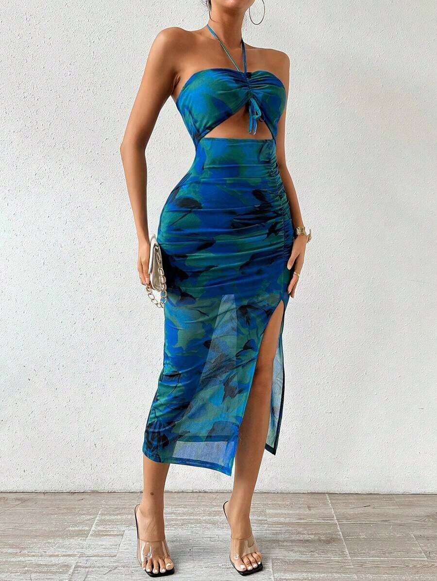 Vestido largo de mujer con cuello de halter, plisado y estampado de malla - Azul 3 - Ver 1
