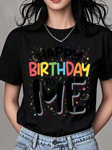 1 Piece Women's Round Neck T-Shirt With "Happy Birthday To Me" Print, Short Sleeve, Casual, For Party, Celebration, Birthday Gift, 180g, 100% Cotton - 白色 - 查看 7