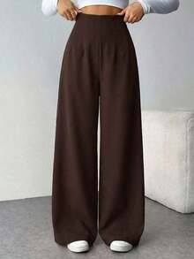 Pantalones anchos de cintura alta con textura, de moda minimalista y casual, ideales para volver al colegio - Marrón - Ver 1