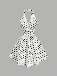 Vestido de fiesta elegante de mujer con estampado de cerezas, escote halter, espalda descubierta y cintura fruncida - Blanco - Ver 6