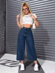 Jeans casuales de cintura alta con bolsillos y pierna ancha - Azul lavado oscuro - Ver 5
