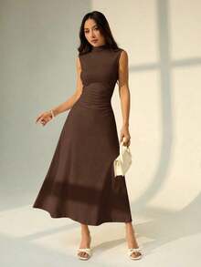 Vestido maxi de línea A con cuello mao, sin mangas, fruncido, color blanco, nuevo para el Día de San Valentín.Elegante y romántico atuendo para citas y trabajo, vestidos de verano para mujer - Marrón - Ver 3