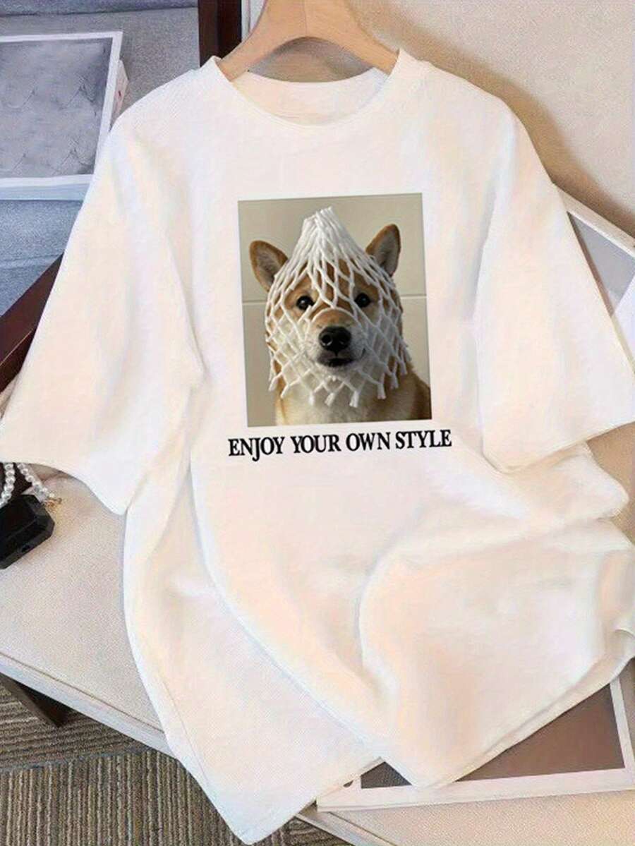 Camiseta de manga corta con estampado divertido de Shiba Inu para mujer, nueva moda de verano, versátil, holgada, con cuello redondo, estilo Y2K. - Blanco - Ver 1
