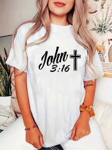 Women's Letter Print T-Shirt, Round Neck, Short Sleeves, Casual And Comfortable Sports T-Shirt, Summer Vacation Top. Available In All Kinds Of Prints. This Jacket-Style T-Shirt Is Perfect For Round Neck Wear, Office, Travel, And Is Very Popular. It Features A Sporty Design, A Print/Pattern, And Is Made Of 100% Cotton. It's A Comfortable, Soft, And Breathable Casual T-Shirt. The Latest Popular Bestseller. - 白色 - 查看 6