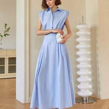 Women's Solid Color Sleeveless Elegant Midi Dress, Collared Dress Elegant Old Money Style, Spring/Summer Dress, Summer Outfits For Women, Graduation, Prom, Business Casual Black - Caqui - Ver 6