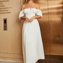 Puff Sleeve Tie Front Off Shoulder Slit Thigh Dress White Elegant Summer - Rosa Pálido - Ver 4