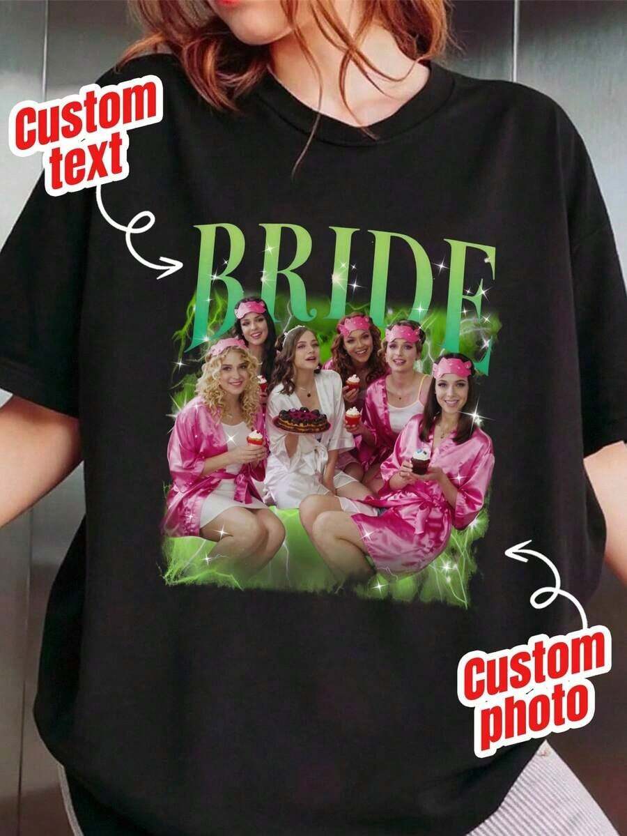 Camiseta personalizada para fiesta individual, estilo retro de hip-hop de los 90, parte superior para despedida de soltera, camiseta de regalo para dama de honor, parte superior de recuerdo de boda, camiseta personalizada con foto vintage, camiseta personalizada para novia, ropa de moda, fresca, minimalista, sencilla para vacaciones de verano en negro - Negro - Ver 1