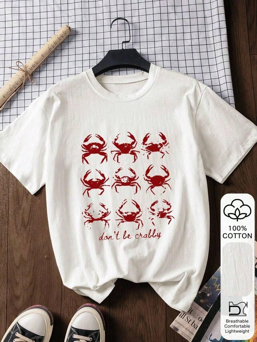 Camiseta de manga corta para mujer con estampado de cangrejo, 100% algodón, camiseta estampada, tela suave, ropa de algodón, camiseta para exteriores, estampado, camiseta de verano, camiseta de mujer, top, camisa de verano, ropa de vacaciones, estilo de viaje, estilo de playa, ropa de vacaciones sencilla 100% algodón. - Blanco - Ver 1
