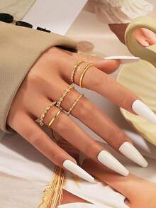 Vanel 1 Set Fashionable Minimalist Gold Tone Ring Set, 6pcs Including Inlaid, Rimmed And Marquise Cut CZ Styles, Stylish Daily Wear Jewelry For Women - Golden Yellow-white - View 4