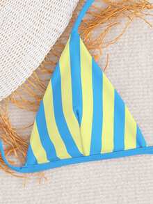 PEPPERMOLLY Set bikini de damă clasic cu dungi, bretele subțiri tip spaghete și top triunghi, costum de baie din două piese cu șnur reglabil pe lateral, elegant, pentru plajă, vacanță de vară - Albastru și galben - Vizualizare 5