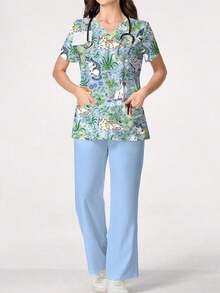 PopScrub Conjunto de 2 piezas con diseño de bolsillo con oreja, estampado de gato y planta de dibujos animados, de cuello en V y manga corta, uniforme de enfermera de primavera/verano, pantalón casual de color azul claro, conjunto de uniforme de enfermera, adecuado para amantes de los gatos - Multicolor - Ver 1
