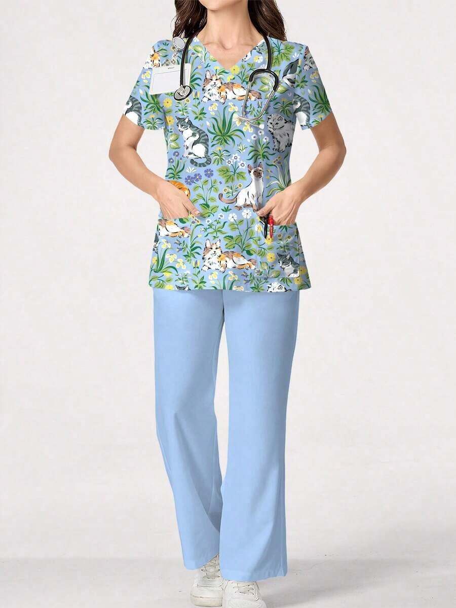 PopScrub Conjunto de 2 piezas con diseño de bolsillo con oreja, estampado de gato y planta de dibujos animados, de cuello en V y manga corta, uniforme de enfermera de primavera/verano, pantalón casual de color azul claro, conjunto de uniforme de enfermera, adecuado para amantes de los gatos - Multicolor - Ver 1