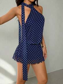 Vestido con estampado de lunares, escote halter asimétrico y espalda descubierta para mujer - Azul marino - Ver 5