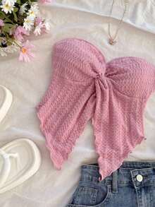 Top cómodo de gasa con abertura frontal, textura de tela, sin tirantes, ideal para uso casual y romántico en vacaciones, para tomar el té por la tarde dentro o fuera, de vuelta a la escuela - Rosa - Ver 5