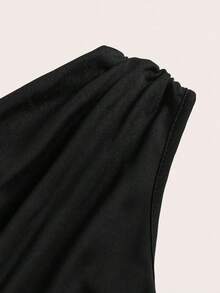 Blusa de verano casual y de vacaciones para mujer, minimalista, de unicolor, con pliegues, ajustada, con bajo asimétrico, top de un hombro, top de un hombro XXS para mujer, negro fruncido, body suit tops, tops, top de un hombro negro - Negro - Ver 5