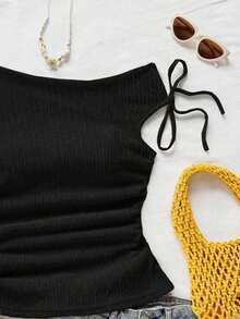 Blusa de punto con textura de burbujas de color albaricoque, con hombros asimétricos y cintura anudada, de corte ajustado, adecuada para fiesta, cita, paseo por la ciudad, viaje por carretera, playa de verano - Negro - Ver 7