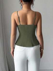 Elenzya 2025 Nuevo diseño asimétrico azul, versátil y casual con cintura ceñida, camiseta de tirantes para uso diario - Verde militar - Ver 3