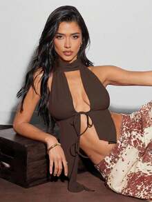 Top halter de malla con cuello alto, espalda abierta y recortes sexy, top sin espalda, atuendos de vacaciones para mujer, atuendos de verano para mujer, de moda, atuendos para ir de fiesta, tops sexy - Café integral - Ver 2