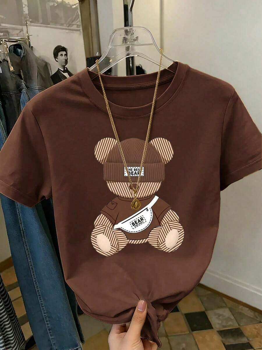 Camiseta de mujer de manga corta con cuello redondo y estampado de dibujos animados lindos, uso versátil para el verano - Café integral 3 - Ver 1