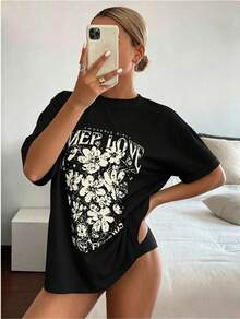 Loose And Casual Summer T-Shirt With Letter Print And Contrasting Lace, Oversized Graphic T-Shirt With Floral Print - Vintage Street Style Unisex Loose Cotton Short Sleeve Crew Neck T-Shirt. Blouses For Women. Casual Blouses For Ladies. - 黑色 - 查看 2